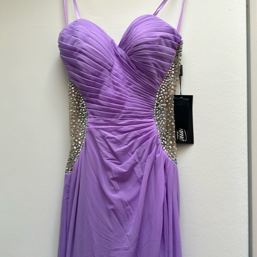 La femme sexy, backless strapless lavender dress with rhinestones